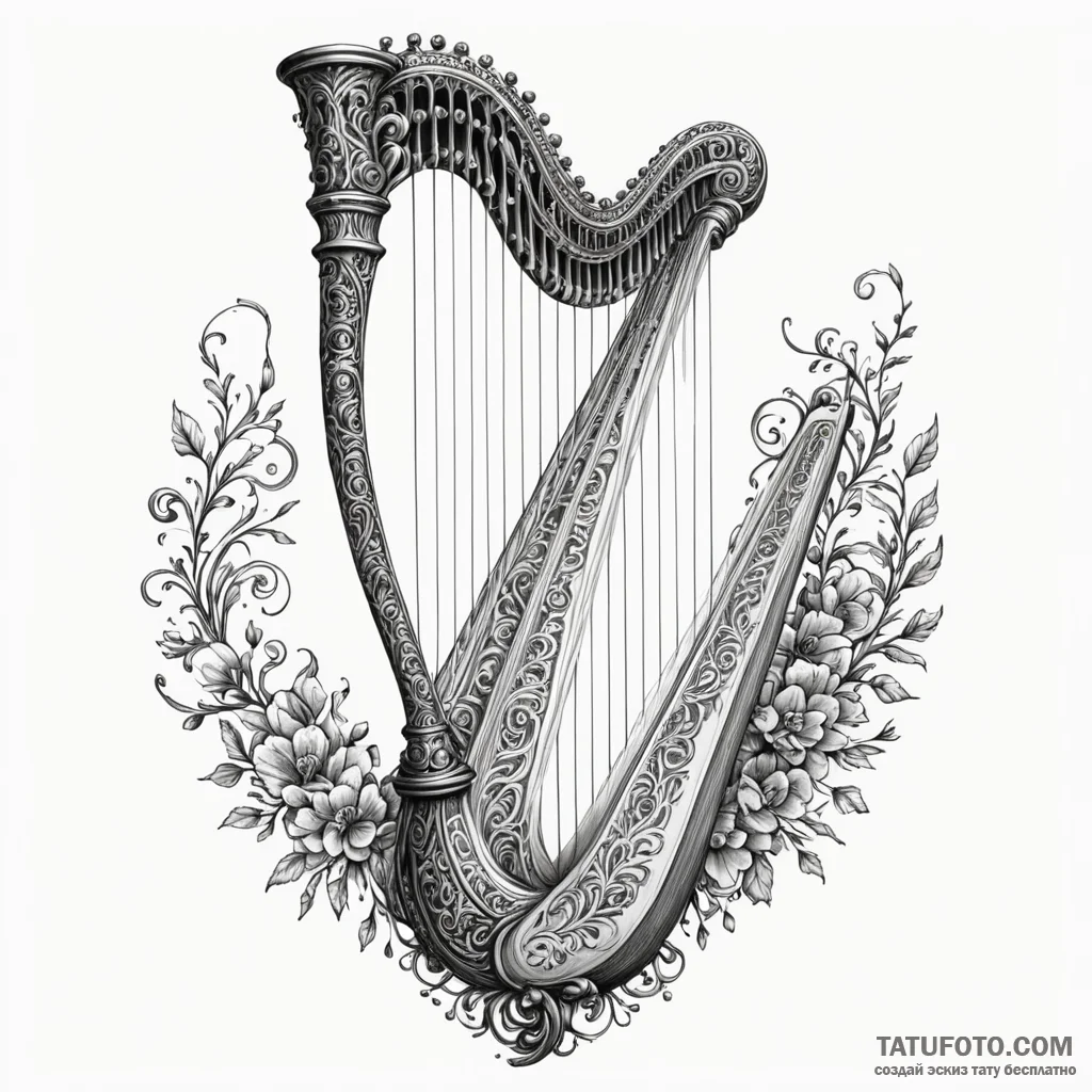 Spectral harp echoing in darkness, ink illust... - эскиз тату (№1750652577_0, 23.06.2025 04:22) — Tatufoto.com