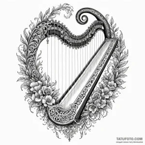 Spectral harp echoing in darkness, ink illust... - эскиз тату (№1750652577_1, 23.06.2025 04:22) — Tatufoto.com