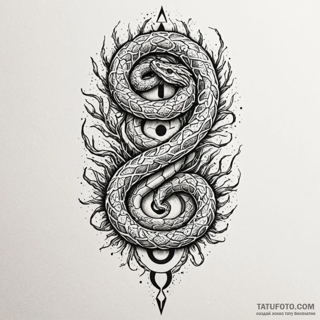 Totem serpent coiling through roots, artistic... - эскиз тату (№1750656336_0, 23.06.2025 05:25) — Tatufoto.com