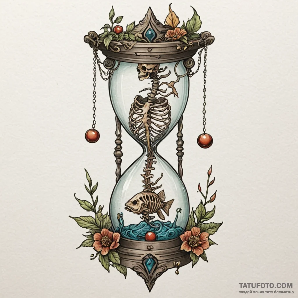 Fish skeleton swimming in an empty hourglass,... - эскиз тату (№1750657799_0, 23.06.2025 05:49) — Tatufoto.com