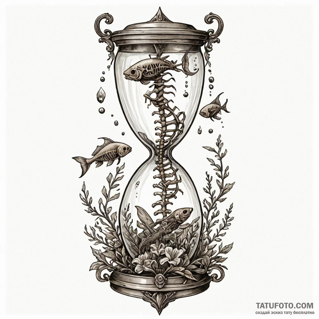 Fish skeleton swimming in an empty hourglass,... - эскиз тату (№1750657799_1, 23.06.2025 05:49) — Tatufoto.com