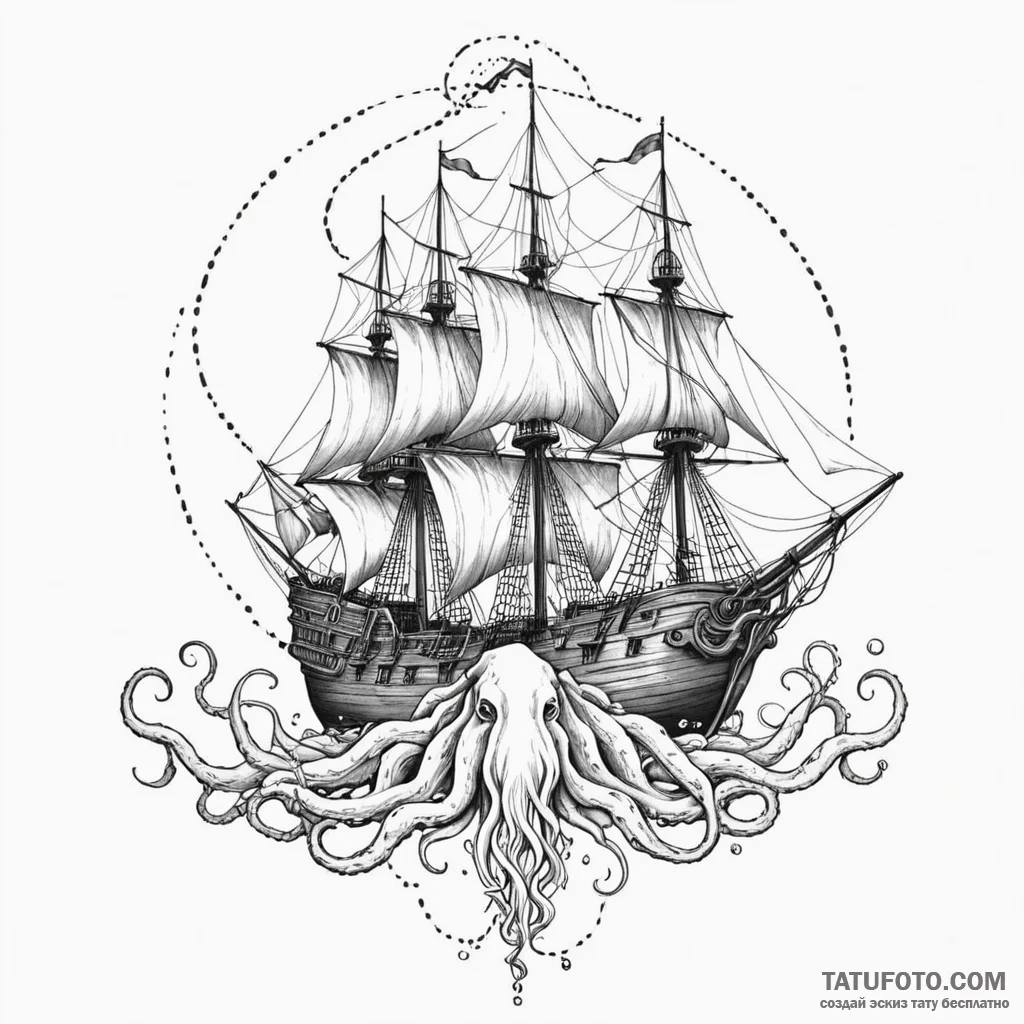 Giant squid pulling a galleon into the abyss,... - эскиз тату (№1750658975_0, 23.06.2025 06:09) — Tatufoto.com
