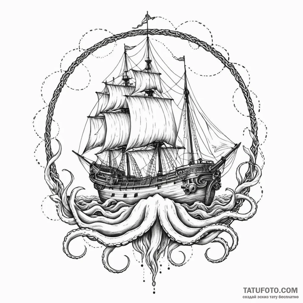 Giant squid pulling a galleon into the abyss,... - эскиз тату (№1750658975_1, 23.06.2025 06:09) — Tatufoto.com