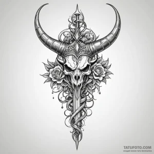Horned dagger crowned with bone, tattoo line... - эскиз тату (№1750662718_0, 23.06.2025 07:11) — Tatufoto.com