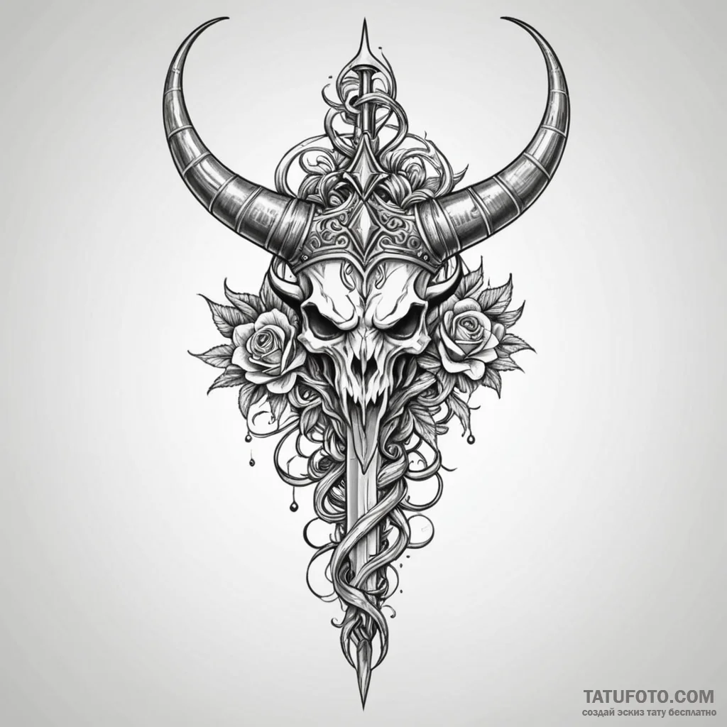 Horned dagger crowned with bone, tattoo line... - эскиз тату (№1750662718_0, 23.06.2025 07:11) — Tatufoto.com