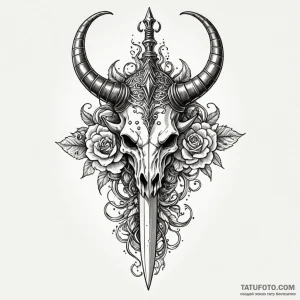 Horned dagger crowned with bone, tattoo line... - эскиз тату (№1750662718_1, 23.06.2025 07:11) — Tatufoto.com