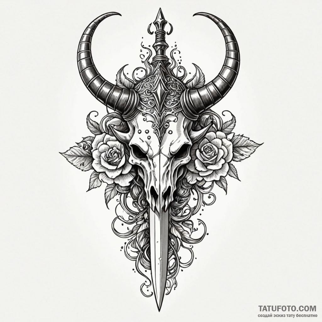 Horned dagger crowned with bone, tattoo line... - эскиз тату (№1750662718_1, 23.06.2025 07:11) — Tatufoto.com