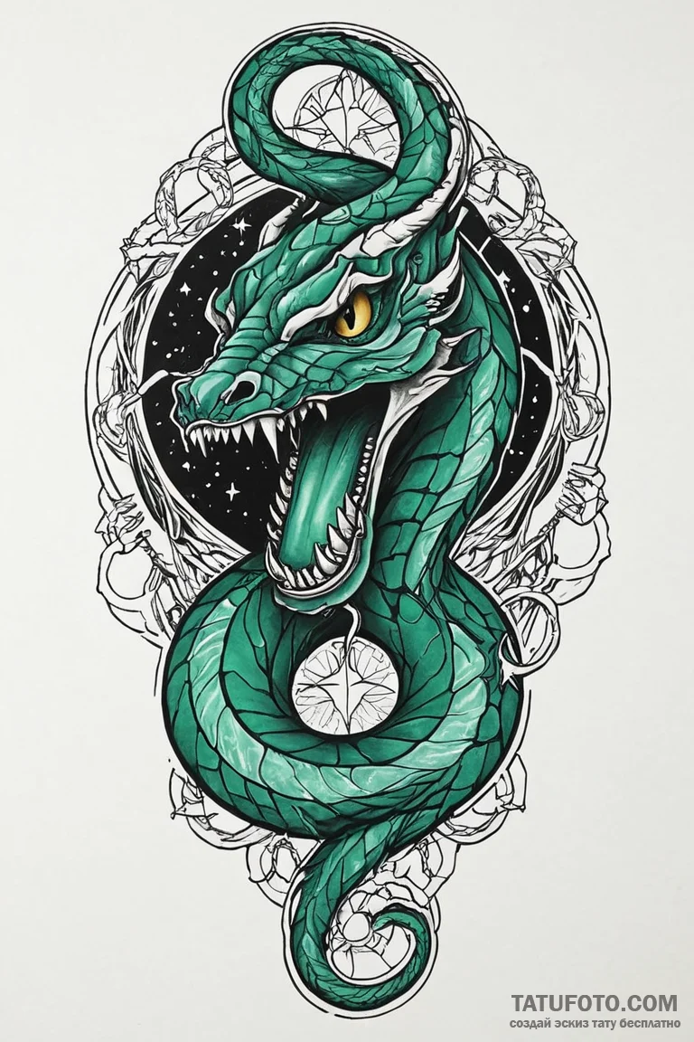 Emerald serpent devouring star, tattoo drawin... - эскиз тату (№1750671580_1, 23.06.2025 09:39) — Tatufoto.com