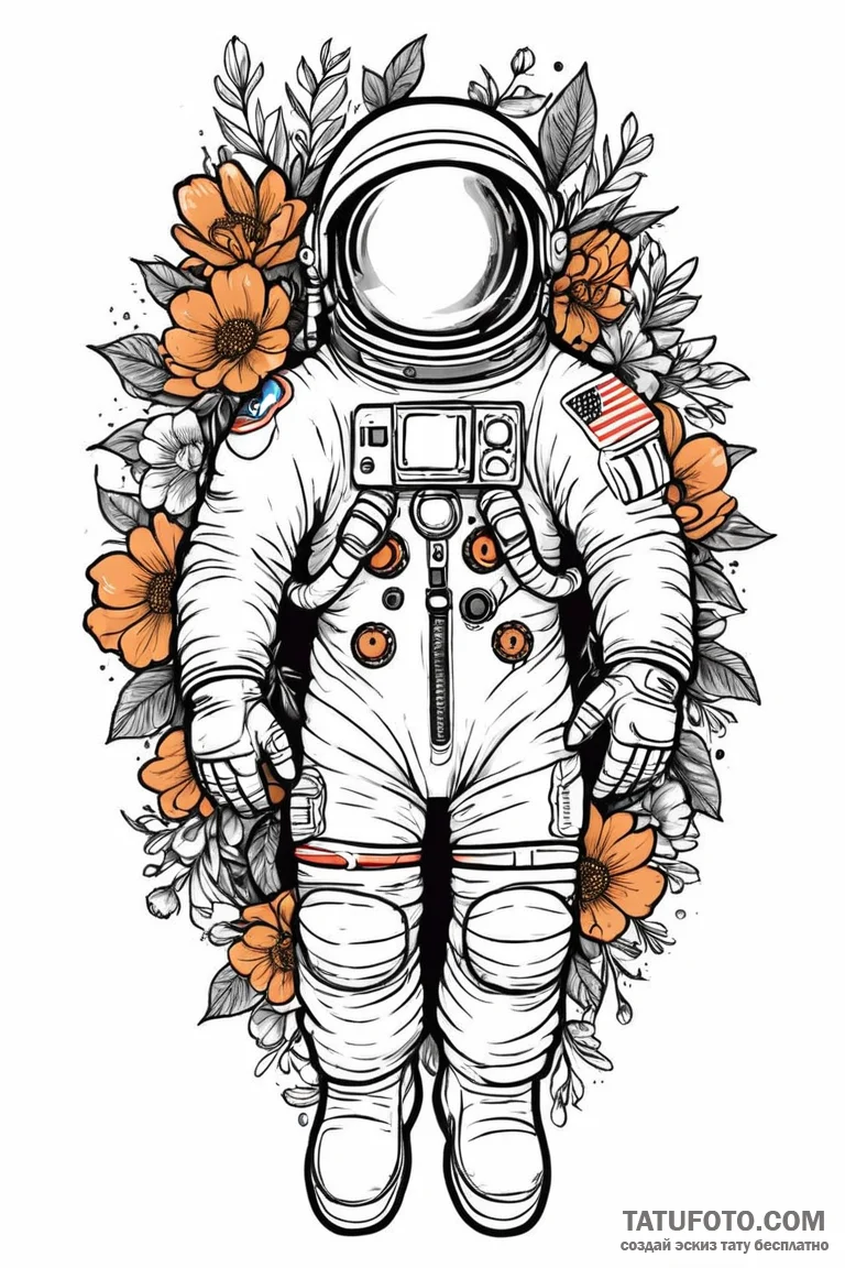 Astronaut holding a bouquet of flowers, tatto... - эскиз тату (№1750672512_1, 23.06.2025 09:55) — Tatufoto.com