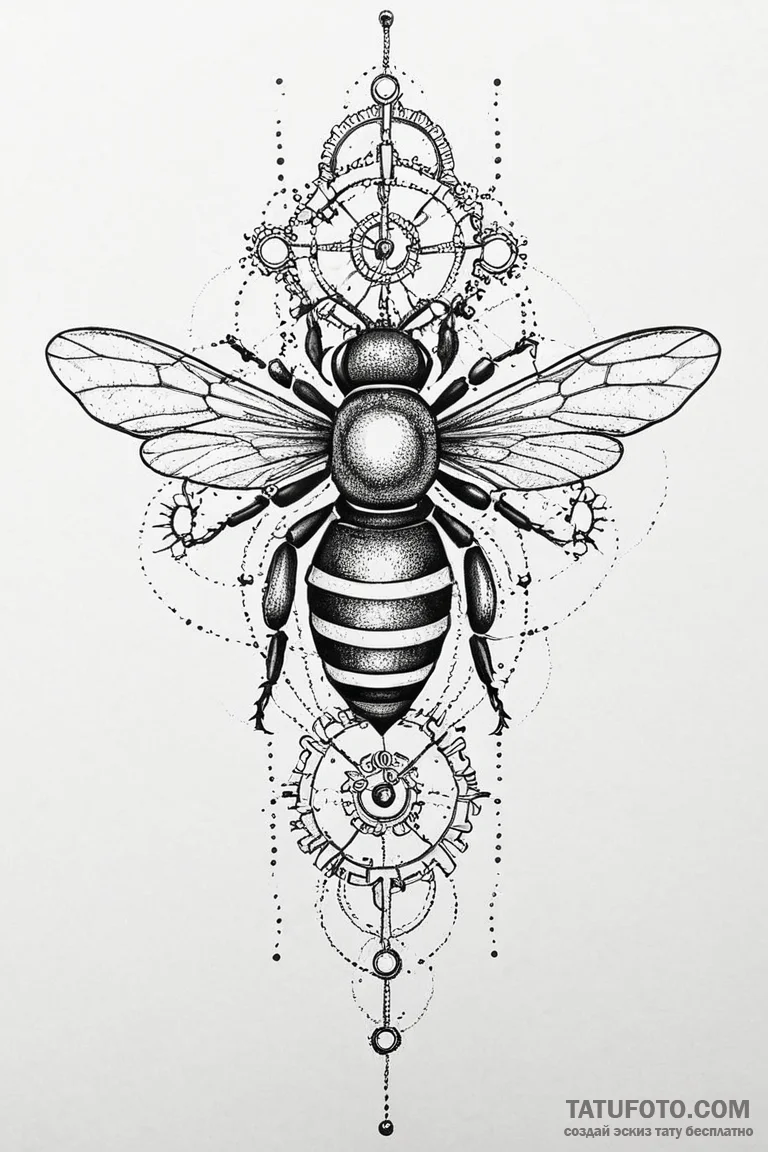 Mechanical bee with intricate gear-wings, tat... - эскиз тату (№1750673189_1, 23.06.2025 10:06) — Tatufoto.com