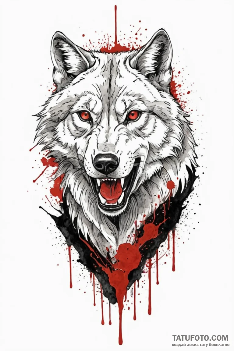 Apex predator wolf with bloodied fur, ink ill... - эскиз тату (№1750673375_0, 23.06.2025 10:09) — Tatufoto.com