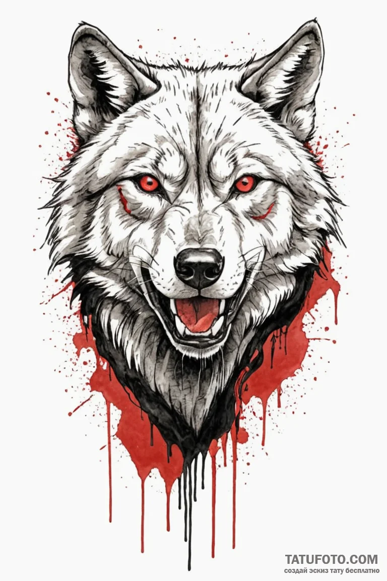 Apex predator wolf with bloodied fur, ink ill... - эскиз тату (№1750673375_1, 23.06.2025 10:09) — Tatufoto.com