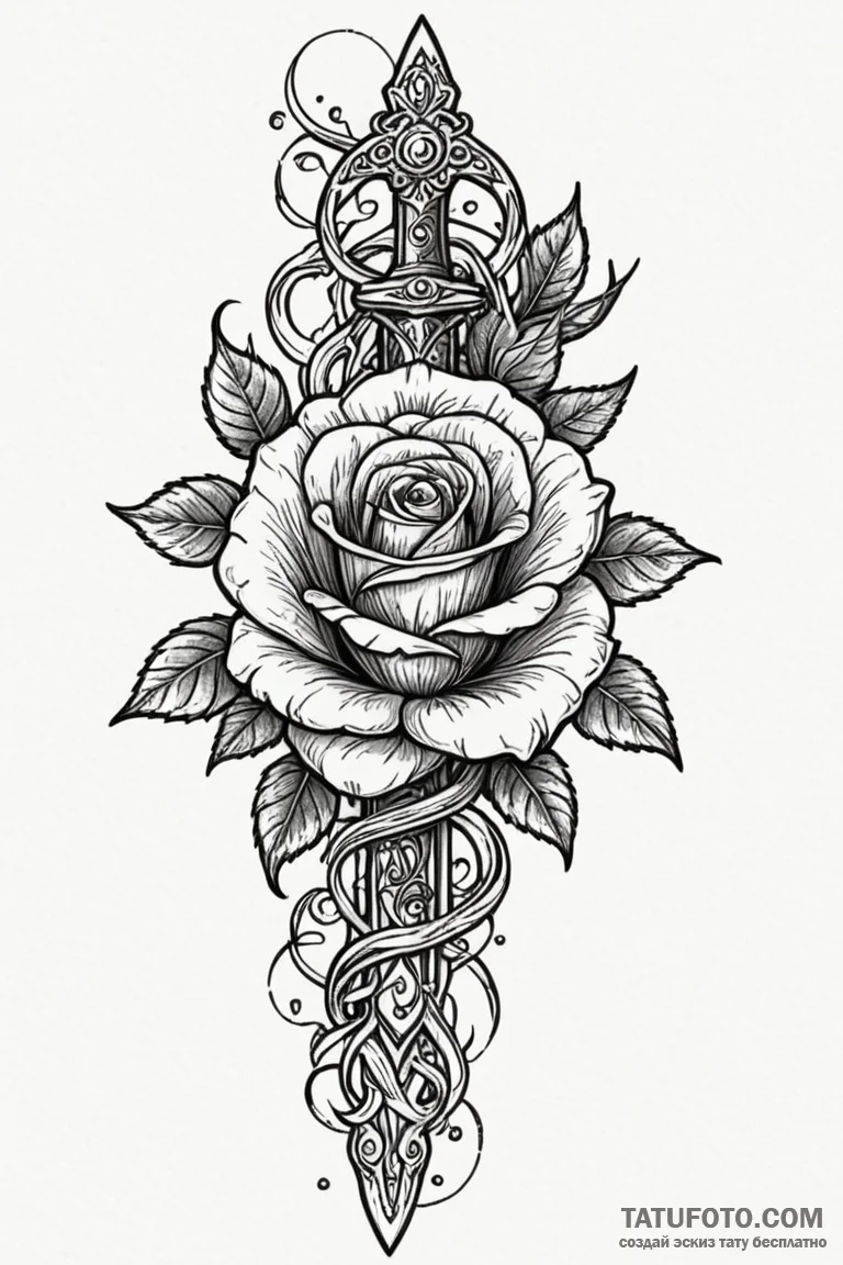 Dagger pierced through rose, tattoo flash she... - эскиз тату (№1750674902_0, 23.06.2025 10:35) — Tatufoto.com