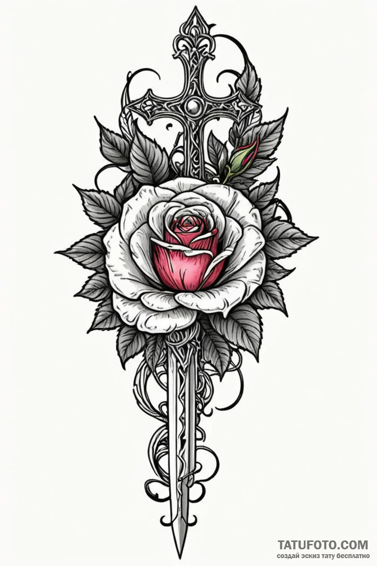 Dagger pierced through rose, tattoo flash she... - эскиз тату (№1750674902_1, 23.06.2025 10:35) — Tatufoto.com