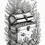 Treasure chest beneath coral reef, ink illust… — эскиз тату (№1750674986_0, 23.06.2025 10:36) — Tatufoto.com