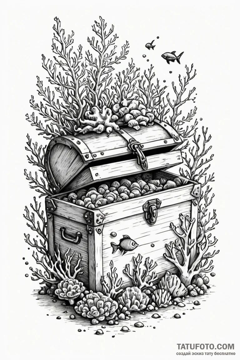 Treasure chest beneath coral reef, ink illust... - эскиз тату (№1750674986_0, 23.06.2025 10:36) — Tatufoto.com