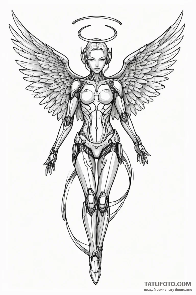 Cyborg angel with wings of steel and light, c... - эскиз тату (№1750675168_0, 23.06.2025 10:39) — Tatufoto.com