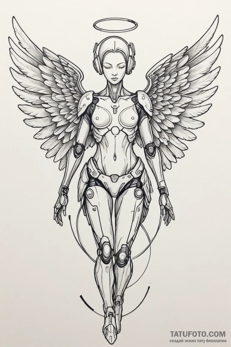 Cyborg angel with wings of steel and light, c... - эскиз тату (№1750675168_1, 23.06.2025 10:39) — Tatufoto.com