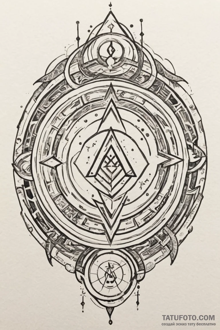 Alchemy circle with glowing runes, ink illust... - эскиз тату (№1750675729_0, 23.06.2025 10:48) — Tatufoto.com