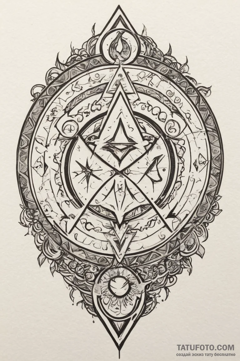 Alchemy circle with glowing runes, ink illust... - эскиз тату (№1750675729_1, 23.06.2025 10:48) — Tatufoto.com