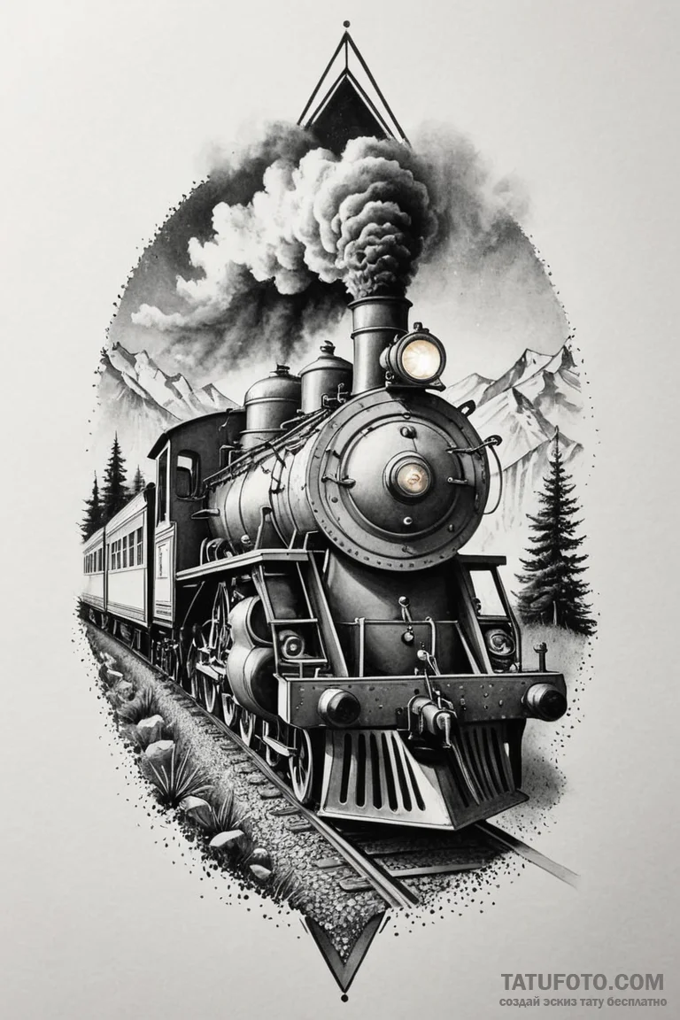 Train, classic steam engine, on a long journe... - эскиз тату (№1750675826_0, 23.06.2025 10:50) — Tatufoto.com