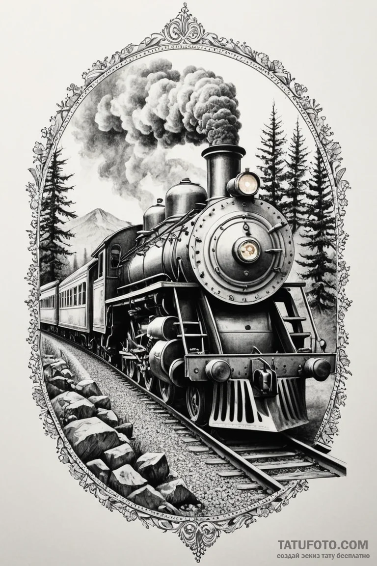 Train, classic steam engine, on a long journe... - эскиз тату (№1750675826_1, 23.06.2025 10:50) — Tatufoto.com