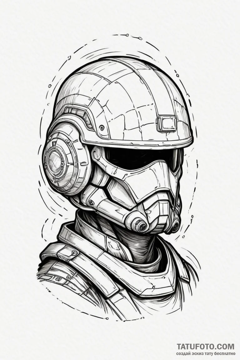 Dystopian soldier's helmet with a cracked, ho... - эскиз тату (№1750675904_0, 23.06.2025 10:51) — Tatufoto.com