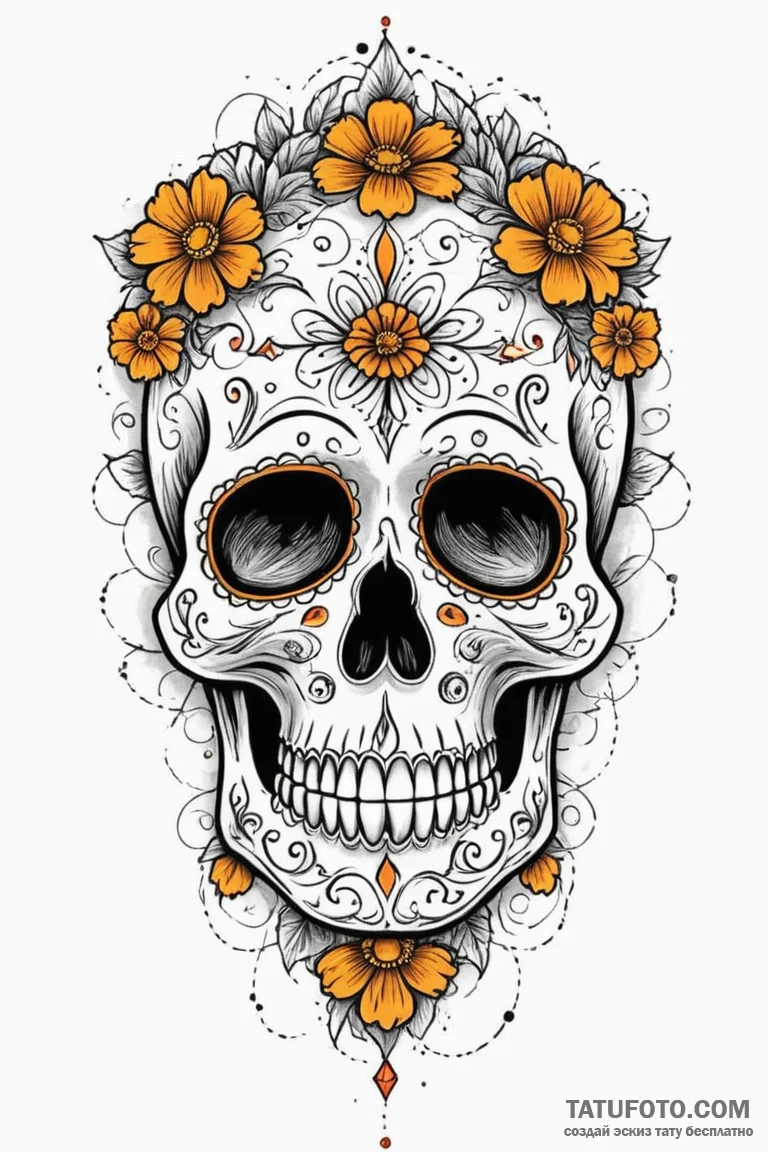 Sugar skull decorated with marigolds and cobw... - эскиз тату (№1750677913_0, 23.06.2025 11:25) — Tatufoto.com
