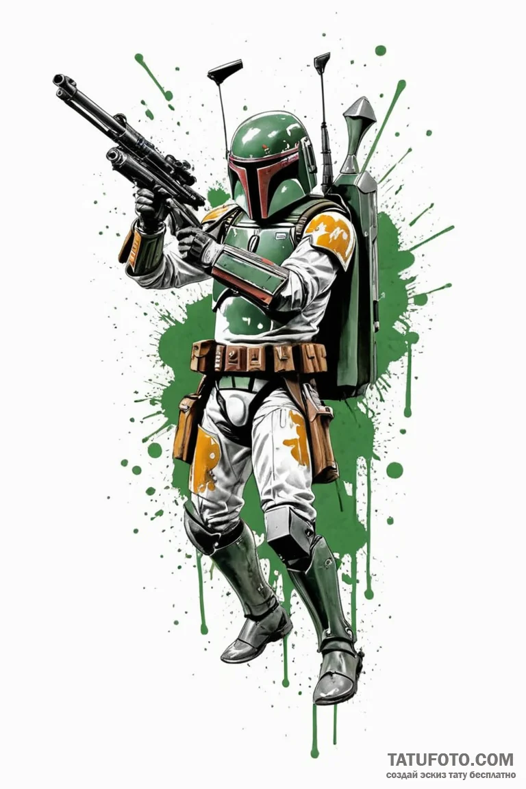Trash polka style tattoo of boba fett in acti... - эскиз тату (№1750680648_0, 23.06.2025 12:10) — Tatufoto.com