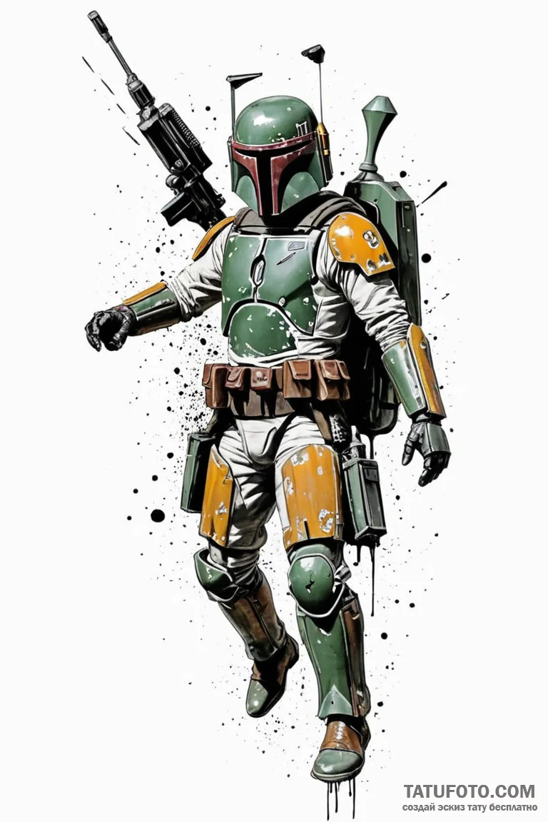 Trash polka style tattoo of boba fett in acti... - эскиз тату (№1750680648_1, 23.06.2025 12:10) — Tatufoto.com