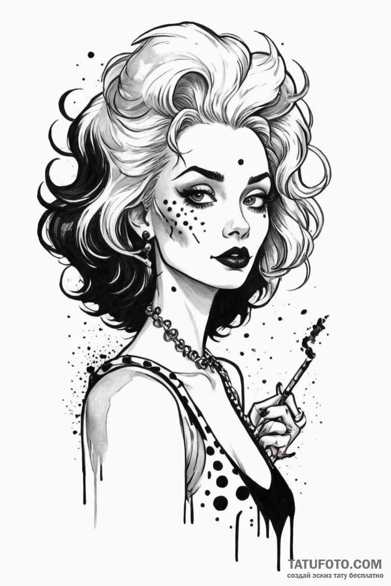 A trash polka tattoo of cruella de vil, with... - эскиз тату (№1750681370_1, 23.06.2025 12:22) — Tatufoto.com