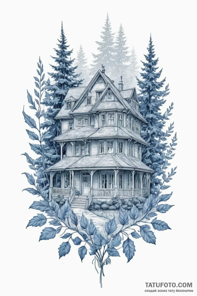 A sketch of the house of blue leaves, before... - эскиз тату (№1750687506_0, 23.06.2025 14:05) — Tatufoto.com