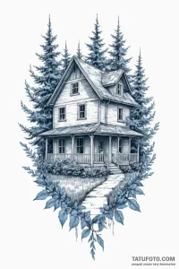 A sketch of the house of blue leaves, before... - эскиз тату (№1750687506_1, 23.06.2025 14:05) — Tatufoto.com