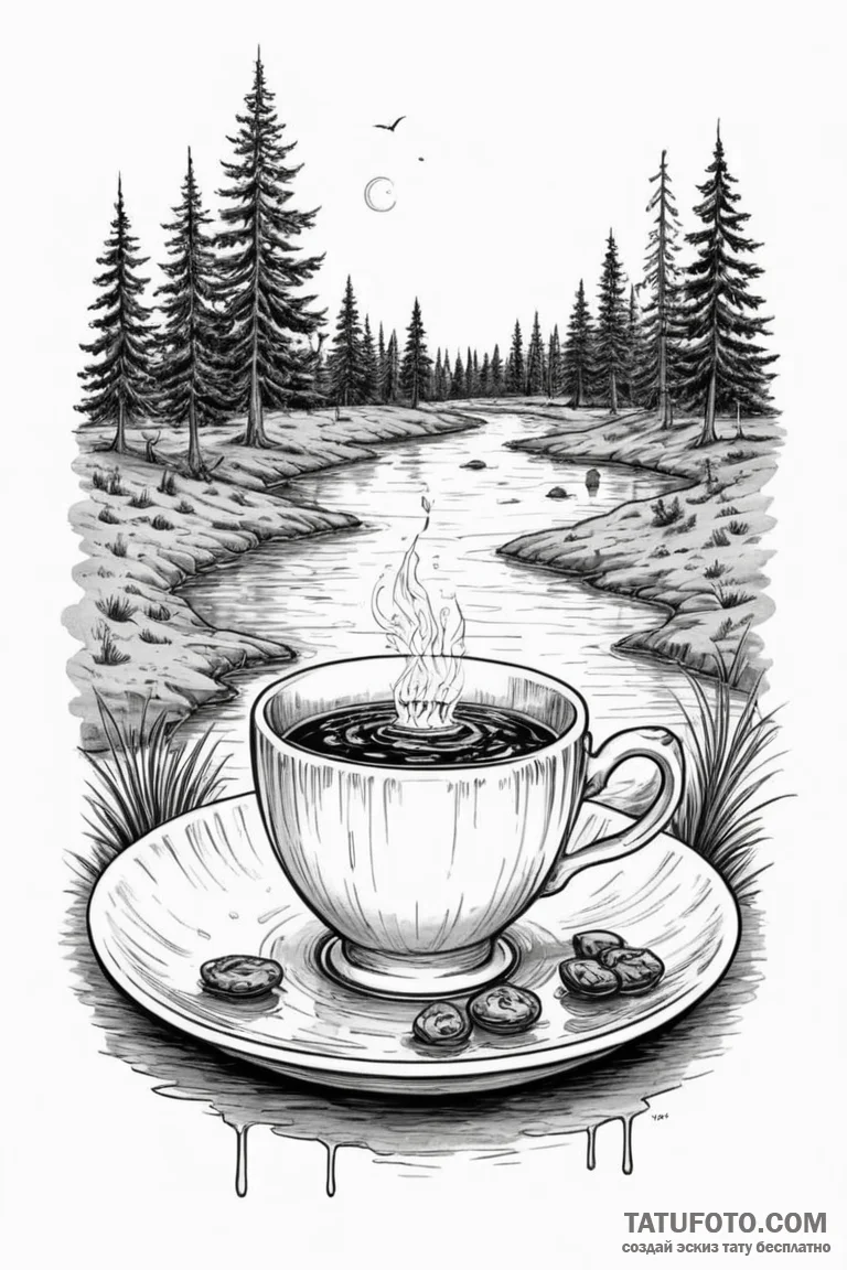 A graphic novel panel of the "teacup" scene f... - эскиз тату (№1750688688_0, 23.06.2025 14:24) — Tatufoto.com