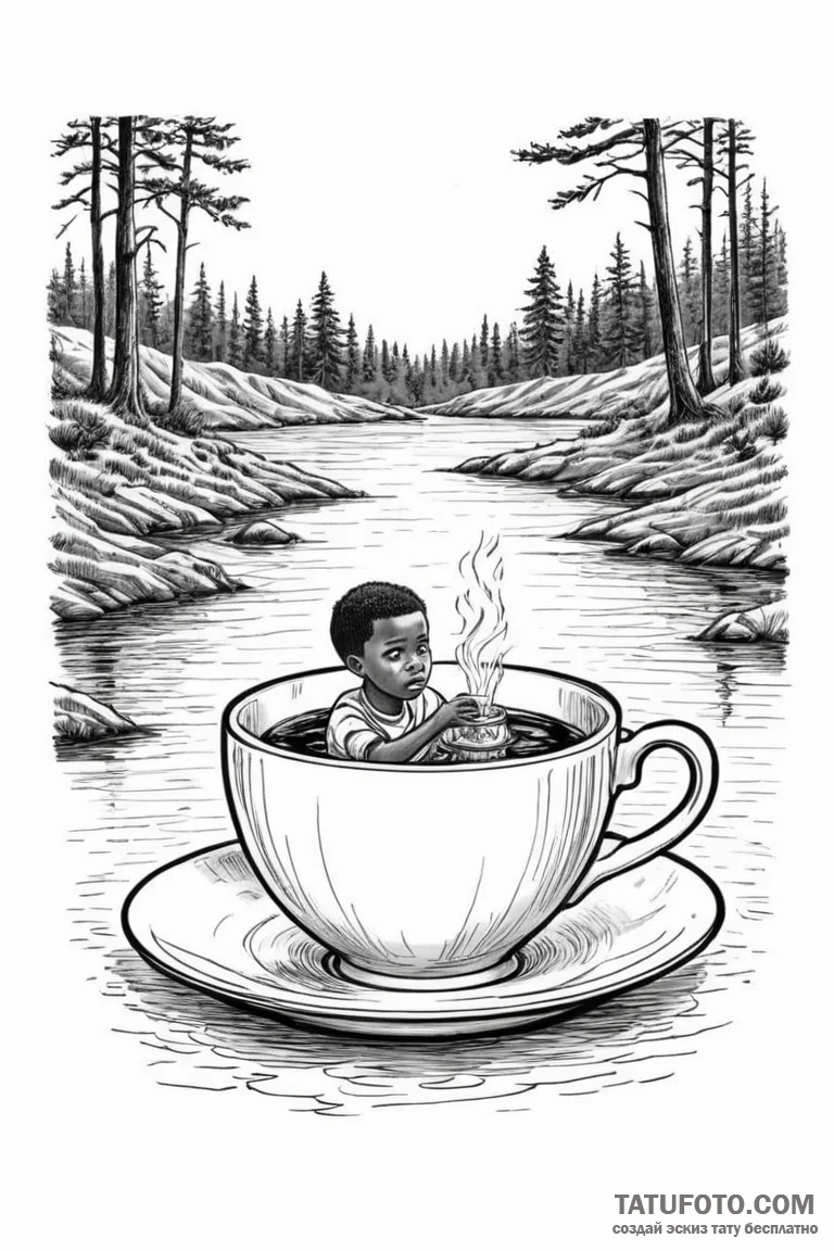 A graphic novel panel of the "teacup" scene f... - эскиз тату (№1750688688_1, 23.06.2025 14:24) — Tatufoto.com