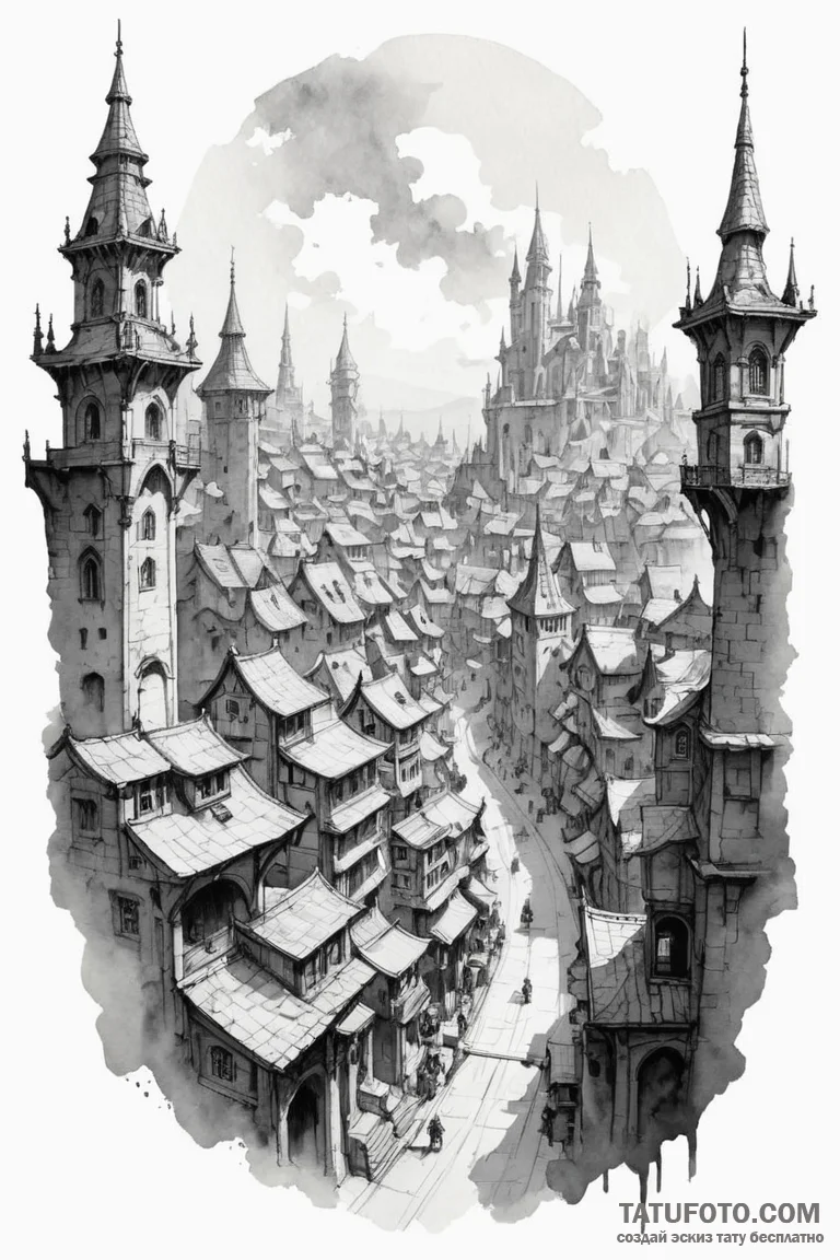 A watercolor sketch of the city of piltover v... - эскиз тату (№1750690355_1, 23.06.2025 14:52) — Tatufoto.com