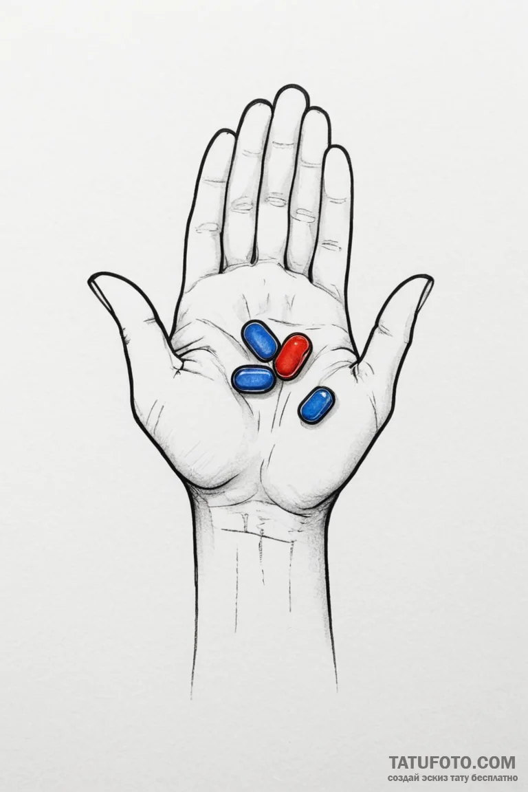 A dotwork tattoo of the red pill and the blue... - эскиз тату (№1750693656_0, 23.06.2025 15:47) — Tatufoto.com