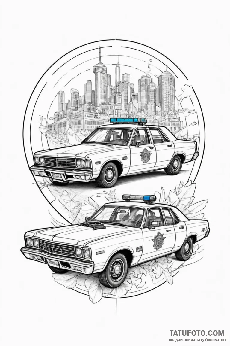 A tattoo of the "spinner" police car, detaile... - эскиз тату (№1750695605_0, 23.06.2025 16:20) — Tatufoto.com