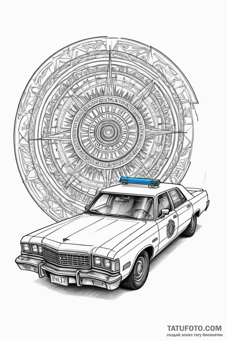 A tattoo of the "spinner" police car, detaile... - эскиз тату (№1750695605_1, 23.06.2025 16:20) — Tatufoto.com