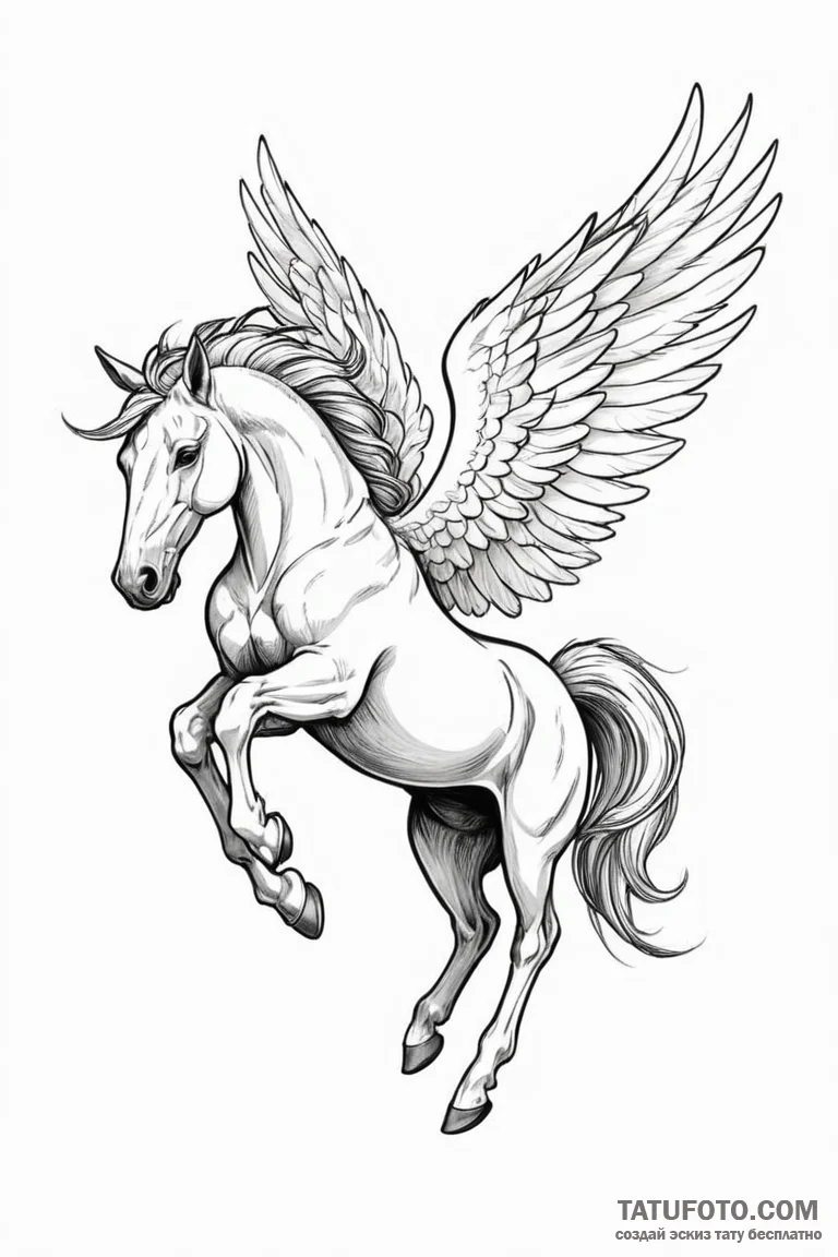 A linework tattoo of a pegasus in flight. - эскиз тату (№1750700150_0, 23.06.2025 17:35) — Tatufoto.com
