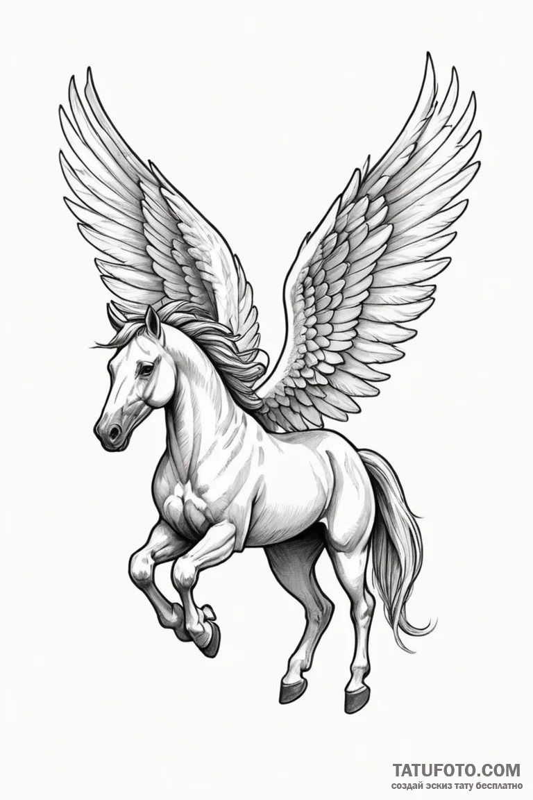 A linework tattoo of a pegasus in flight. - эскиз тату (№1750700150_1, 23.06.2025 17:35) — Tatufoto.com