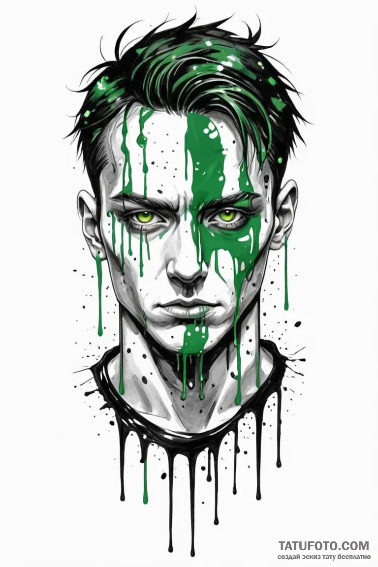 A trash polka face of neo, with green code dr... - эскиз тату (№1750700685_0, 23.06.2025 17:44) — Tatufoto.com