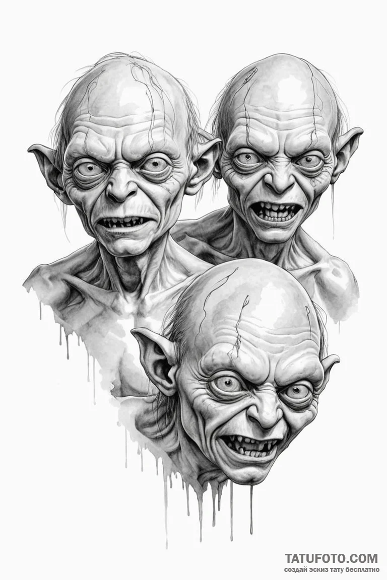 A sketch of gollum/smeagol, his face split be... - эскиз тату (№1750703695_0, 23.06.2025 18:34) — Tatufoto.com