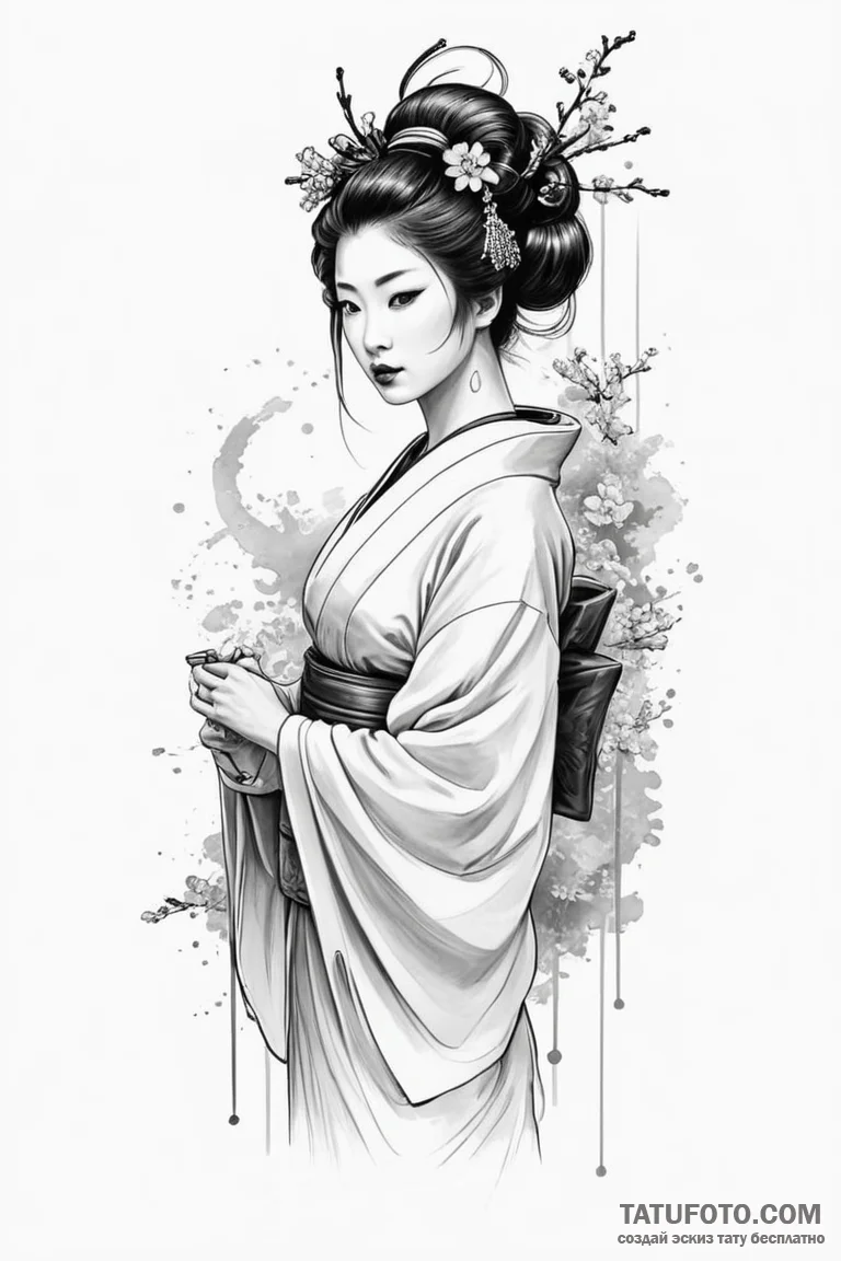 A sketch of the geisha hologram advertisement... - эскиз тату (№1750703766_0, 23.06.2025 18:36) — Tatufoto.com