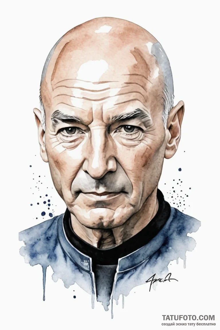 A watercolor portrait of captain jean-luc pic... - эскиз тату (№1750707370_1, 23.06.2025 19:36) — Tatufoto.com