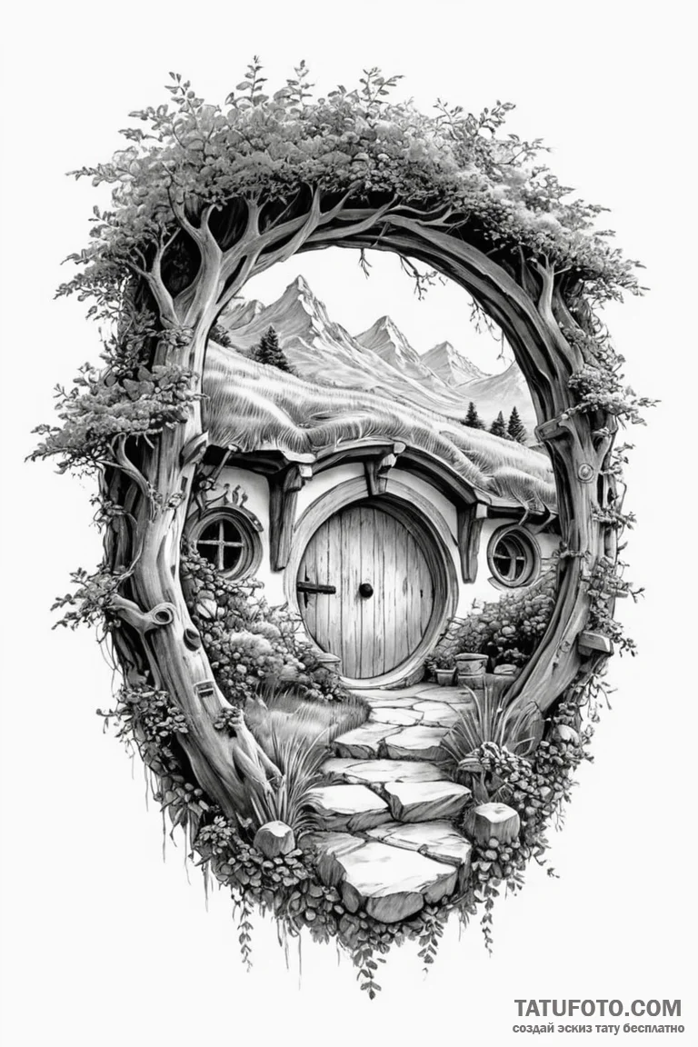 A sketch of the hobbit hole door of bag end. - эскиз тату (№1750710106_1, 23.06.2025 20:21) — Tatufoto.com