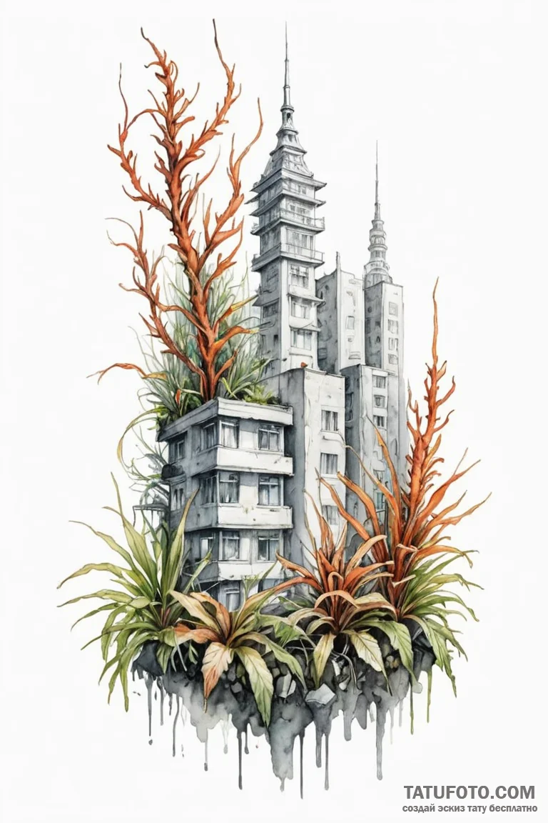 A watercolor sketch of a city overgrown with... - эскиз тату (№1750711918_0, 23.06.2025 20:51) — Tatufoto.com