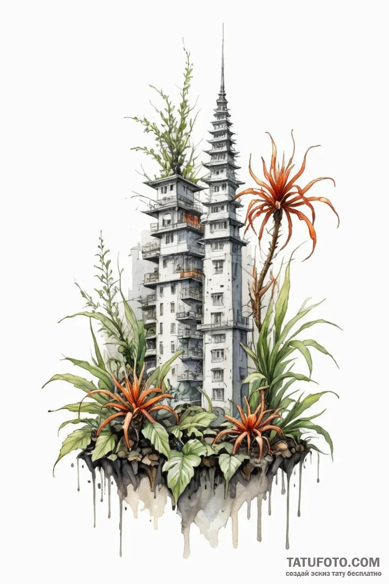 A watercolor sketch of a city overgrown with... - эскиз тату (№1750711918_1, 23.06.2025 20:51) — Tatufoto.com