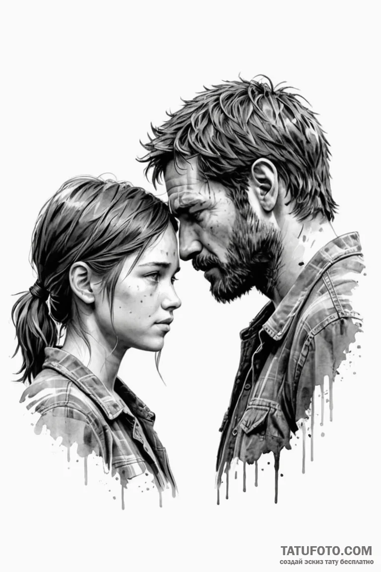 A watercolor sketch of ellie and joel from th... - эскиз тату (№1750712130_0, 23.06.2025 20:55) — Tatufoto.com