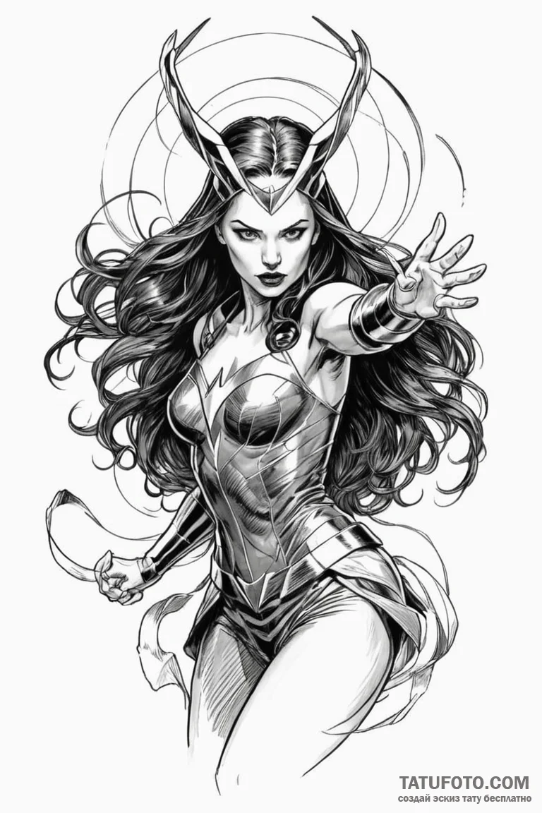 A sketch of the scarlet witch (wanda maximoff... - эскиз тату (№1750714561_0, 23.06.2025 21:36) — Tatufoto.com